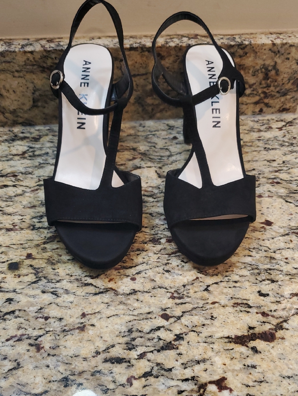 Anne Klein Black Suede T-Strap Sandals